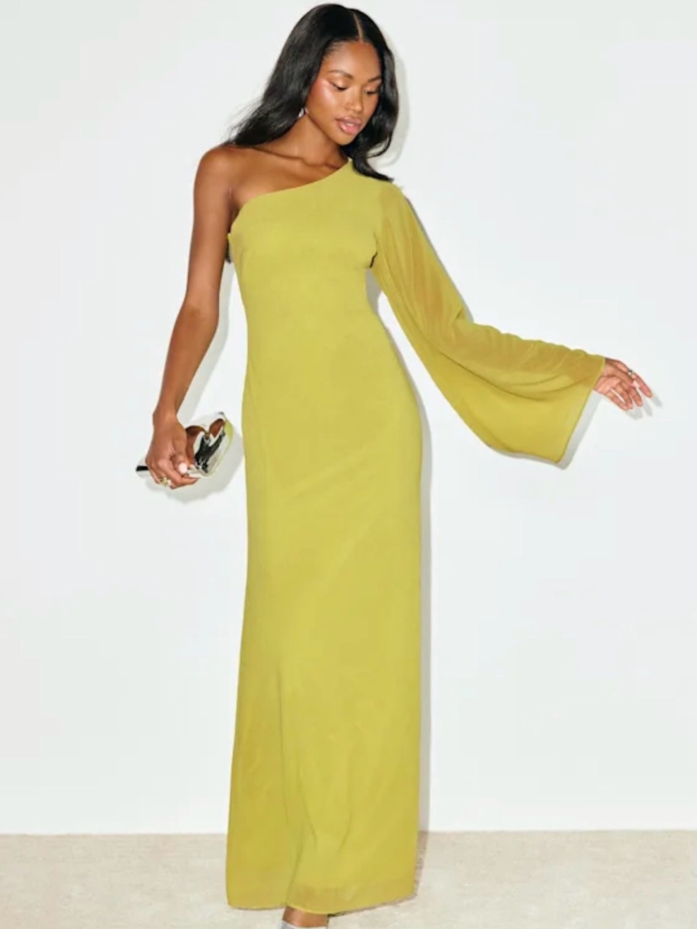 Lulu's One-Shoulder Chartreuse Evening Gown with Bell Sleeve